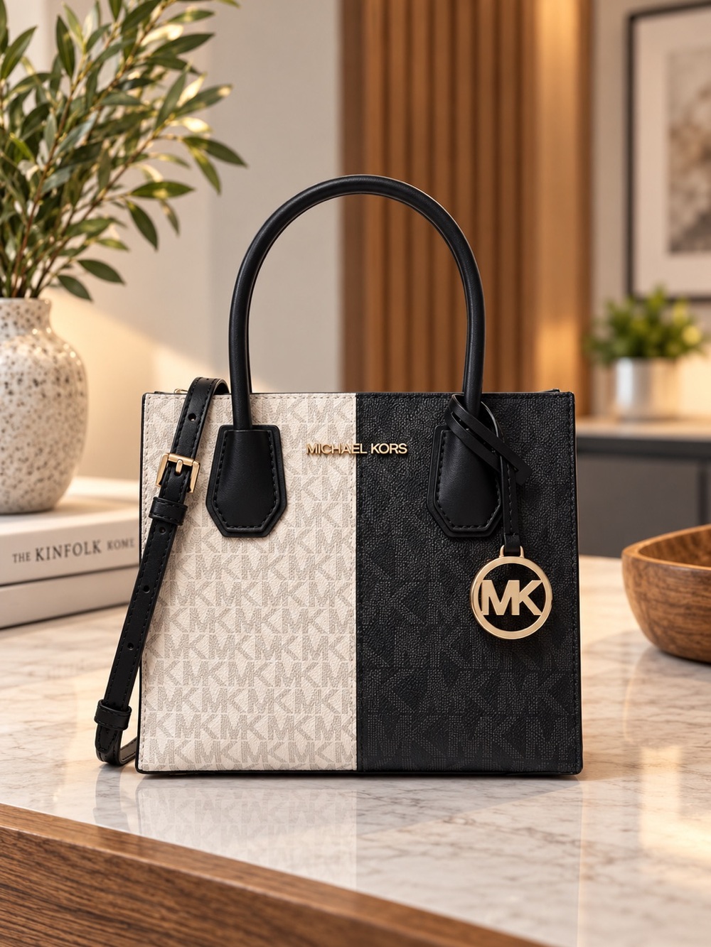Michael Kors Black & Cream Two-Tone Mercer with MK Charm NWT
